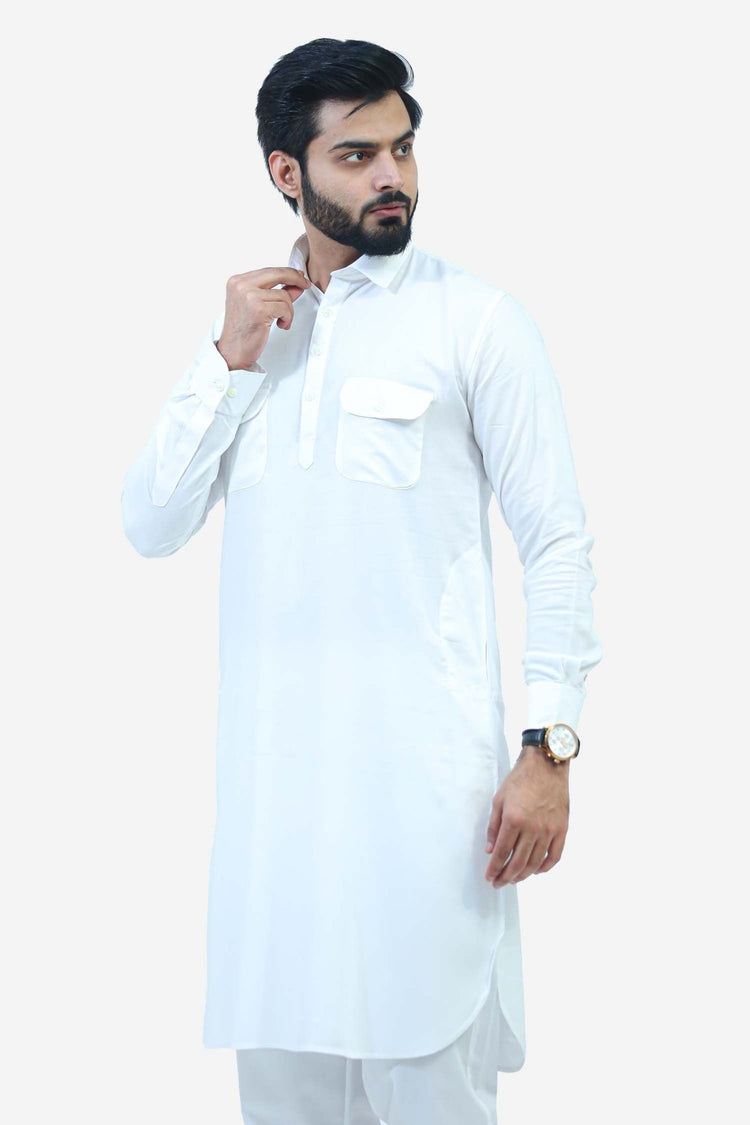 Bluesaanchi Men's White Pathani Kurta Set - Veshbhoshaa