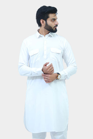 Bluesaanchi Men's White Pathani Kurta Set - Veshbhoshaa