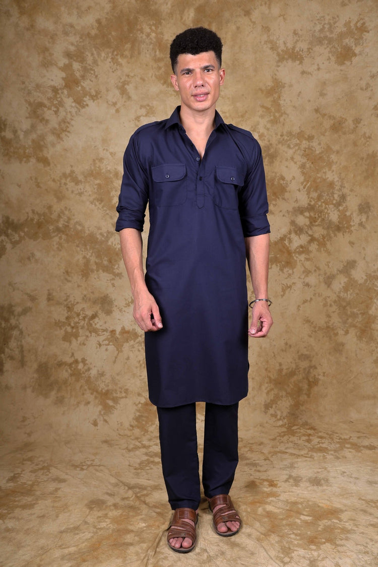 Bluesaanchi Navy Pathani Kurta with Trouser Pant - Veshbhoshaa