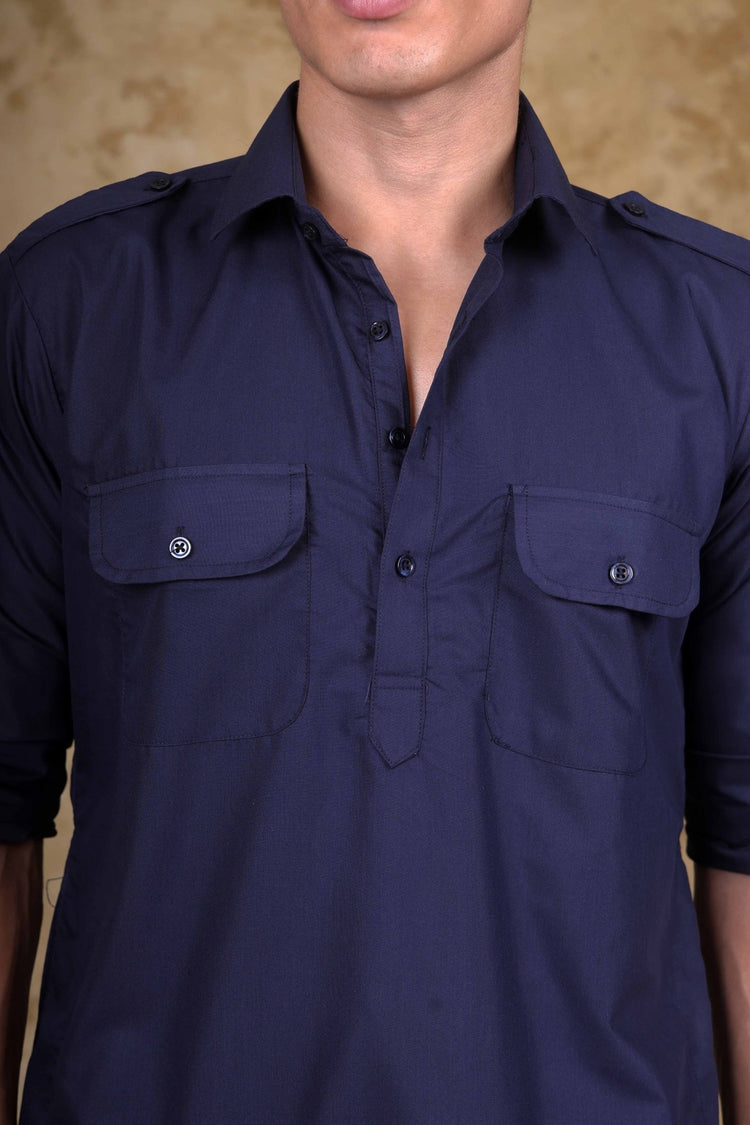 Bluesaanchi Navy Pathani Kurta with Trouser Pant - Veshbhoshaa