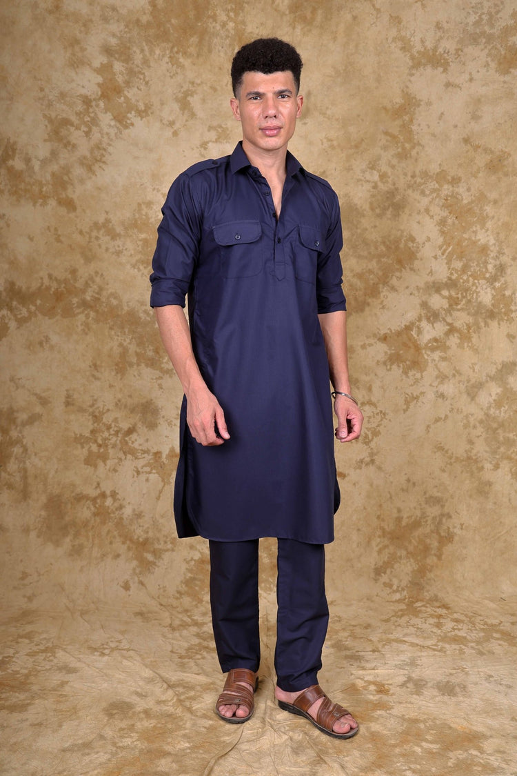 Bluesaanchi Navy Pathani Kurta with Trouser Pant - Veshbhoshaa