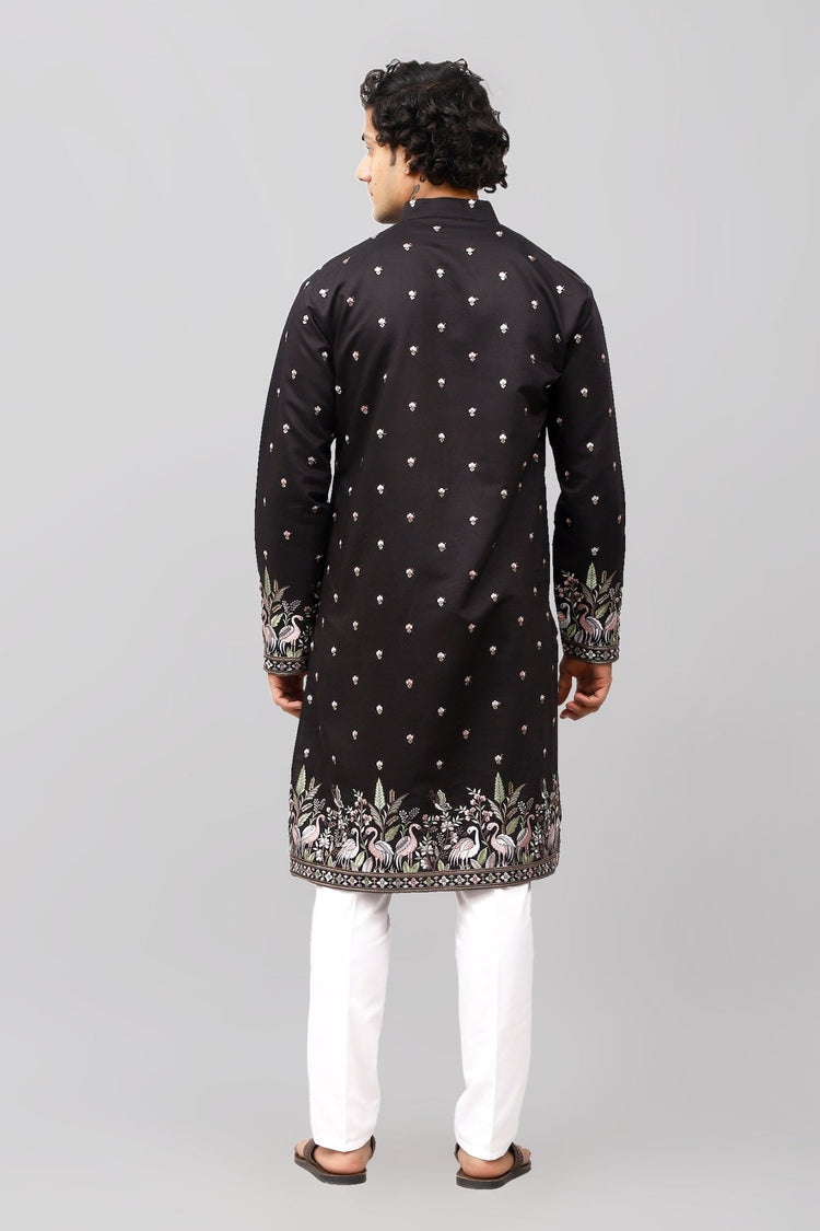 Bluesaanchi Phulkari Floral and Sequins Embroidered Kurta Set for Men Black Color - Veshbhoshaa