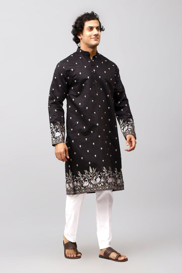 Bluesaanchi Phulkari Floral and Sequins Embroidered Kurta Set for Men Black Color - Veshbhoshaa