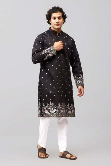 Bluesaanchi Phulkari Floral and Sequins Embroidered Kurta Set for Men Black Color - Veshbhoshaa