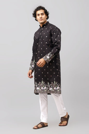 Bluesaanchi Phulkari Floral and Sequins Embroidered Kurta Set for Men Black Color - Veshbhoshaa