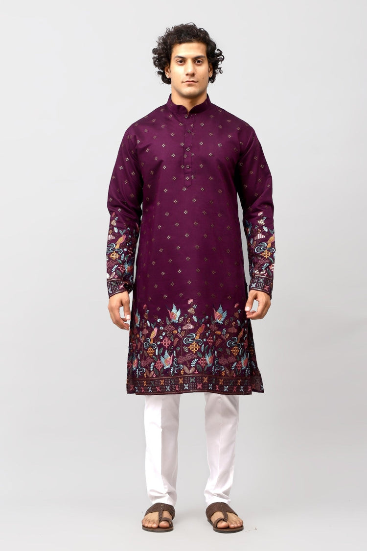 Bluesaanchi Phulkari Floral and Sequins Embroidered Kurta Set for Men Purple Color - Veshbhoshaa