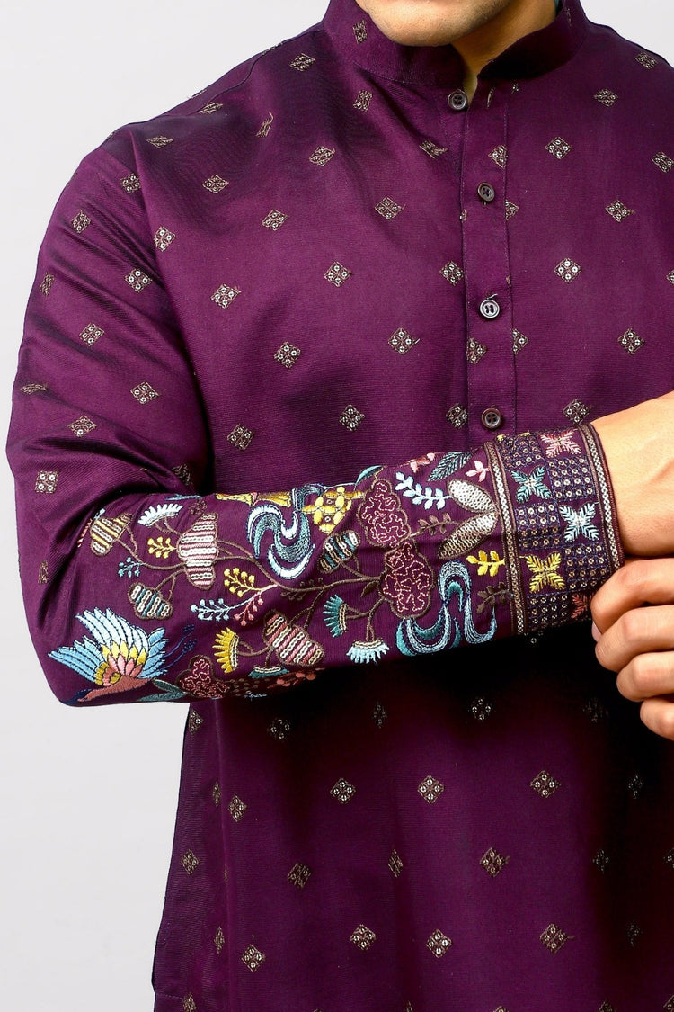 Bluesaanchi Phulkari Floral and Sequins Embroidered Kurta Set for Men Purple Color - Veshbhoshaa