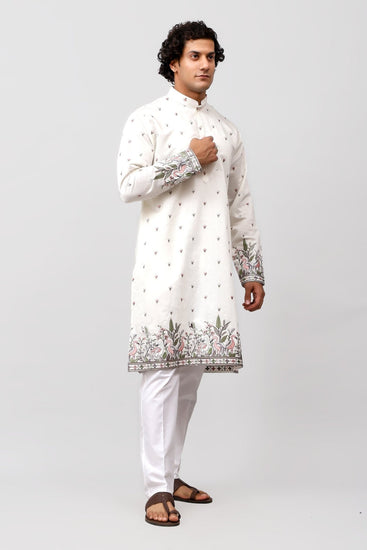 Bluesaanchi Phulkari Floral and Sequins Embroidered Kurta Set for Men White - Veshbhoshaa