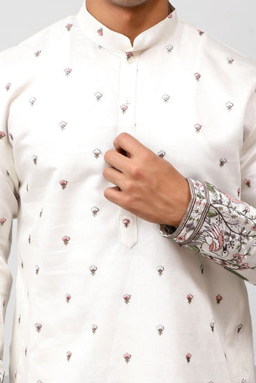 Bluesaanchi Phulkari Floral and Sequins Embroidered Kurta Set for Men White - Veshbhoshaa