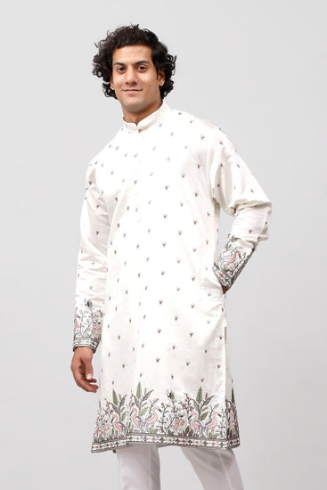 Bluesaanchi Phulkari Floral and Sequins Embroidered Kurta Set for Men White - Veshbhoshaa