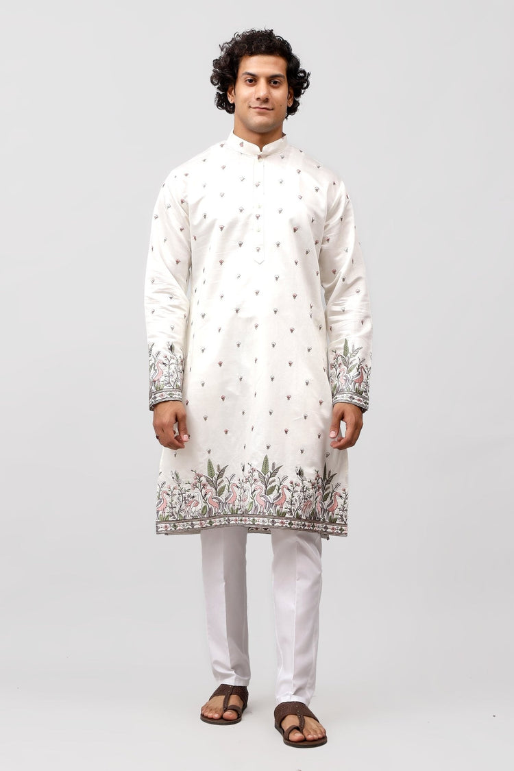 Bluesaanchi Phulkari Floral and Sequins Embroidered Kurta Set for Men White - Veshbhoshaa