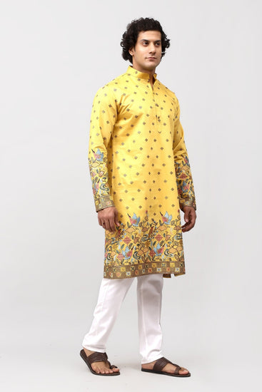 Bluesaanchi Phulkari Floral and Sequins Embroidered Kurta Set for Men Yellow - Veshbhoshaa