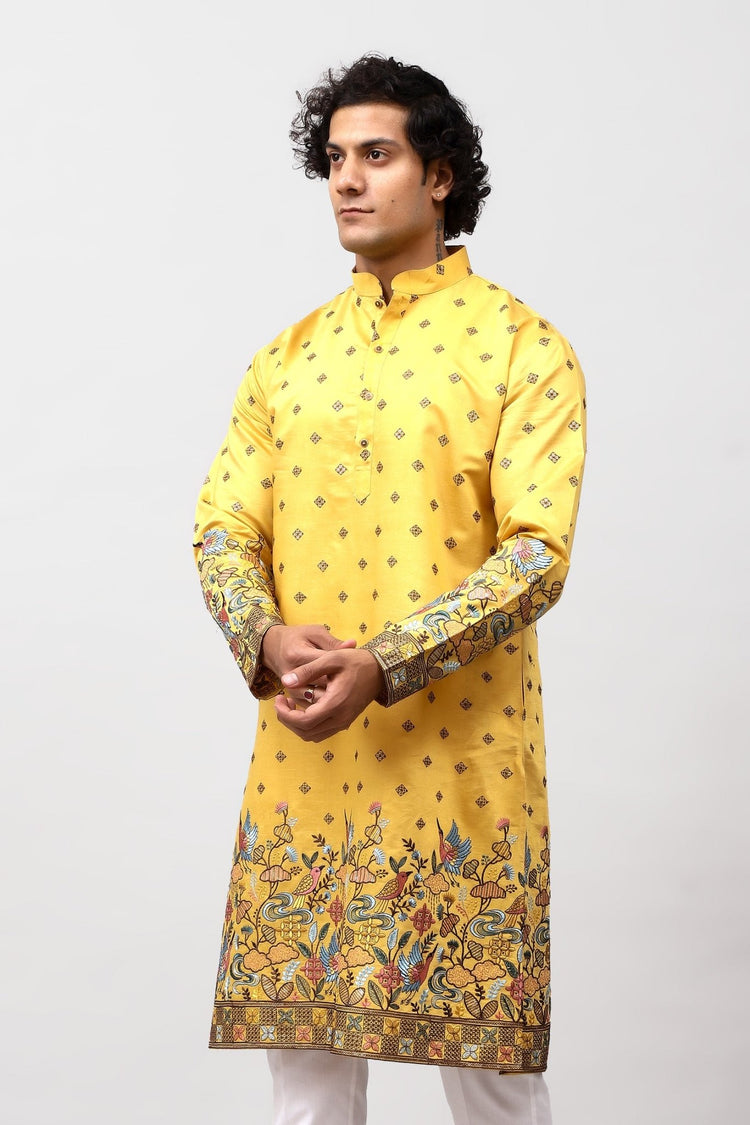 Bluesaanchi Phulkari Floral and Sequins Embroidered Kurta Set for Men Yellow - Veshbhoshaa