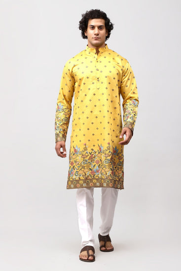 Bluesaanchi Phulkari Floral and Sequins Embroidered Kurta Set for Men Yellow - Veshbhoshaa