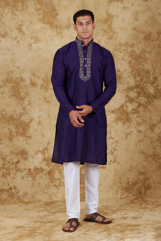 Bluesaanchi Royal Elegance Space Blue Handloom Embroidery Kurta Set - Veshbhoshaa