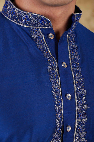 Bluesaanchi Sunshine: Handwoven Embroidered Kurta Set Dark Blue - Veshbhoshaa