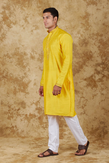 Bluesaanchi Sunshine: Handwoven Embroidered Kurta Set Maize yellow - Veshbhoshaa