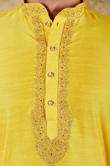 Bluesaanchi Sunshine: Handwoven Embroidered Kurta Set Maize yellow - Veshbhoshaa