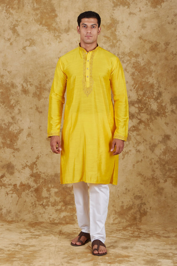 Bluesaanchi Sunshine: Handwoven Embroidered Kurta Set Maize yellow - Veshbhoshaa