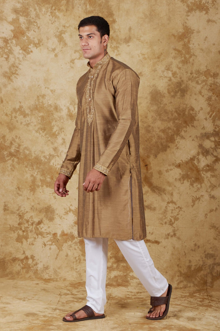 Bluesaanchi Sunshine: Handwoven Embroidered Kurta Set Raw umber - Veshbhoshaa