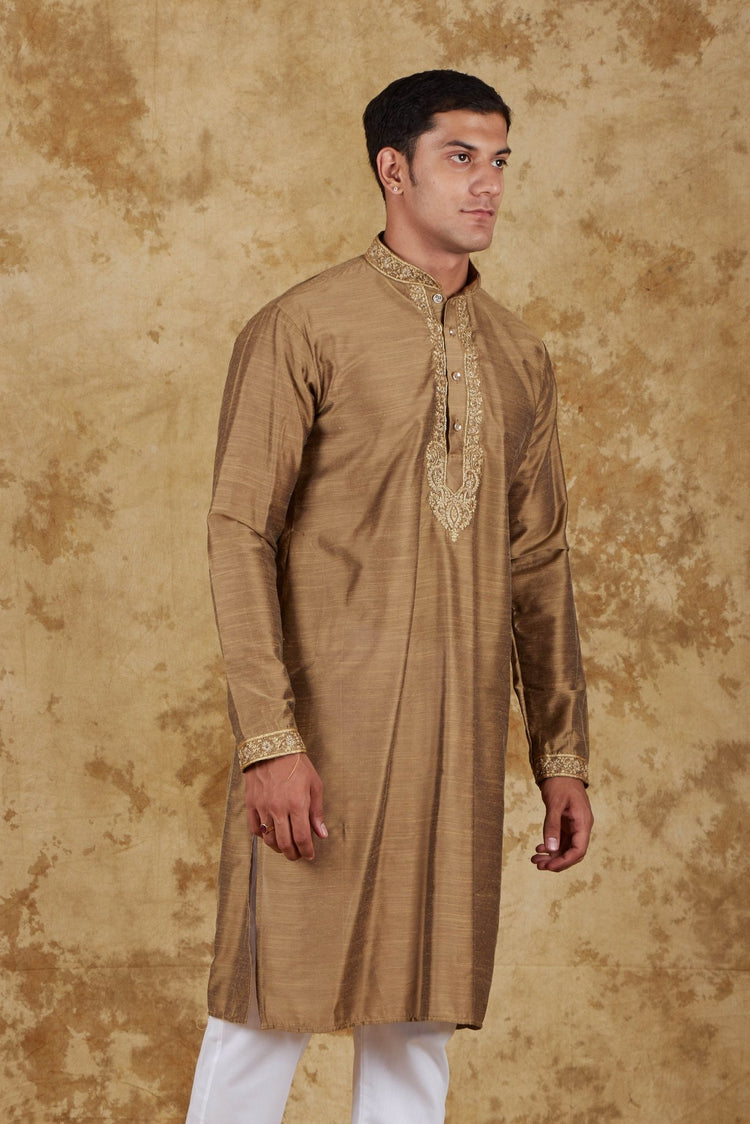 Bluesaanchi Sunshine: Handwoven Embroidered Kurta Set Raw umber - Veshbhoshaa