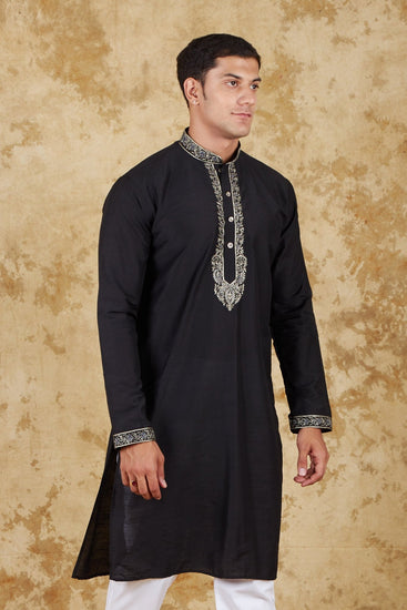 Bluesaanchi Sunshine: Handwoven Embroidered Kurta Set Royal Black - Veshbhoshaa