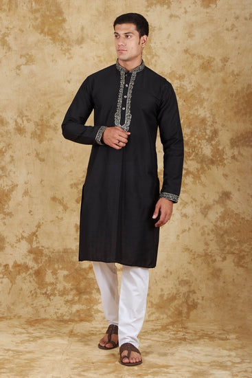 Bluesaanchi Sunshine: Handwoven Embroidered Kurta Set Royal Black - Veshbhoshaa