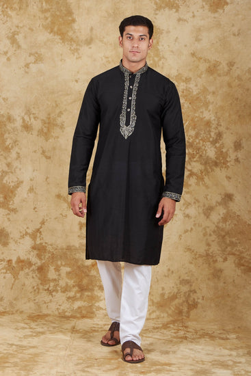 Bluesaanchi Sunshine: Handwoven Embroidered Kurta Set Royal Black - Veshbhoshaa