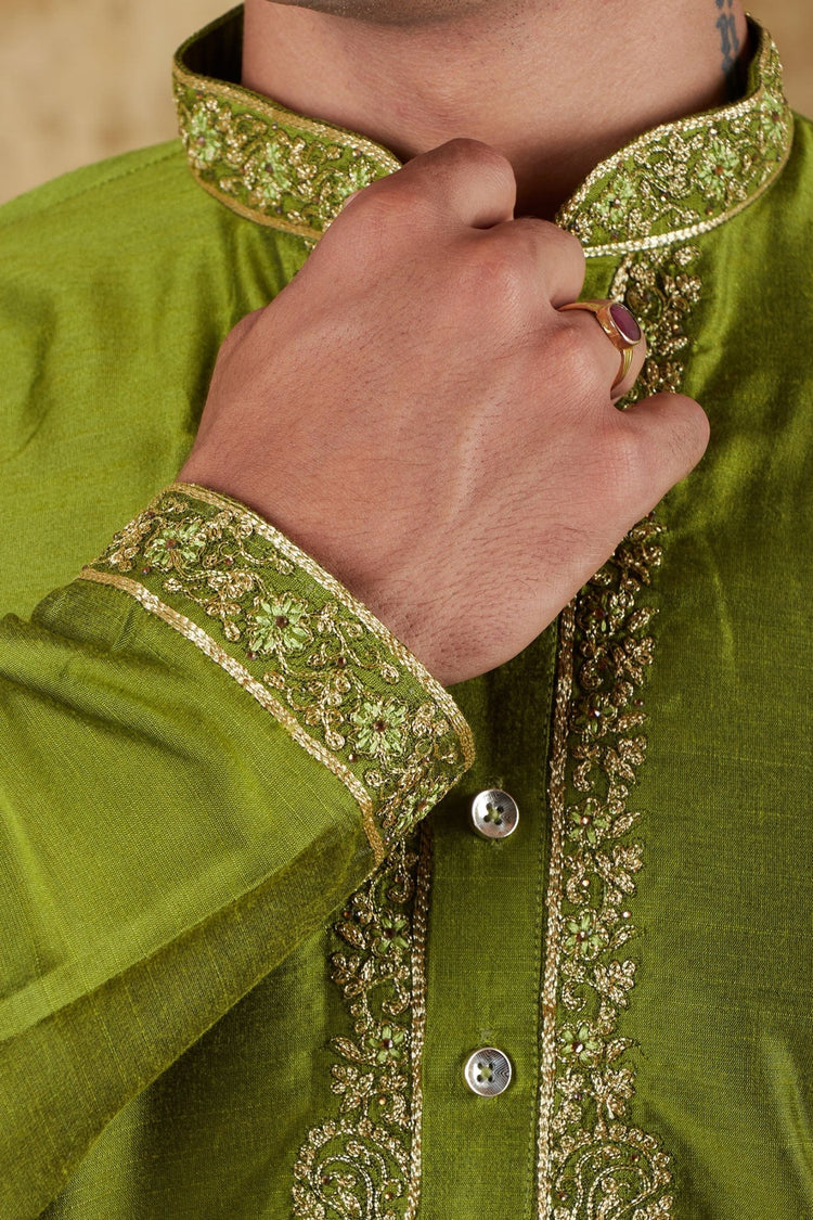 Bluesaanchi Sunshine: Handwoven Embroidered Kurta Set Royal green - Veshbhoshaa