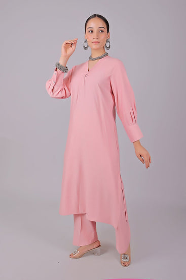 Bluesaanchi Women's Baby Pink Kurti With Trouser Pajama Set - Veshbhoshaa