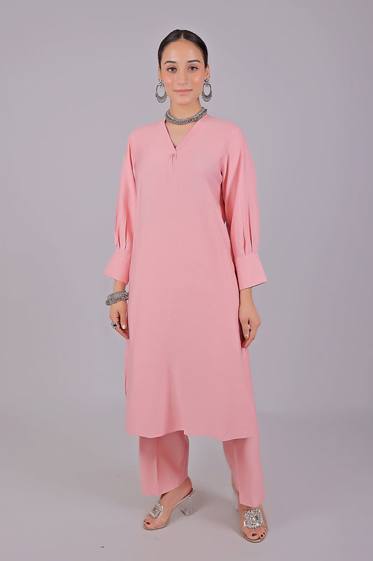 Bluesaanchi Women's Baby Pink Kurti With Trouser Pajama Set - Veshbhoshaa