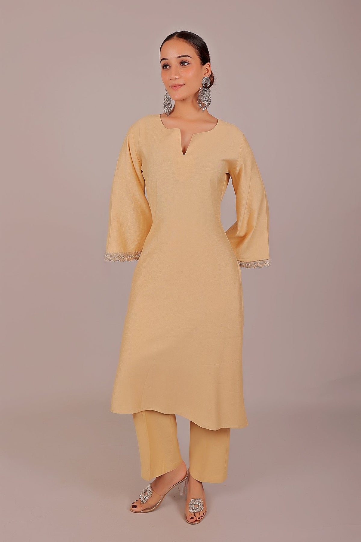 Bluesaanchi Women's Beige Kurti Pajama Set - Veshbhoshaa