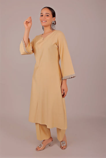 Bluesaanchi Women's Beige Kurti Pajama Set - Veshbhoshaa