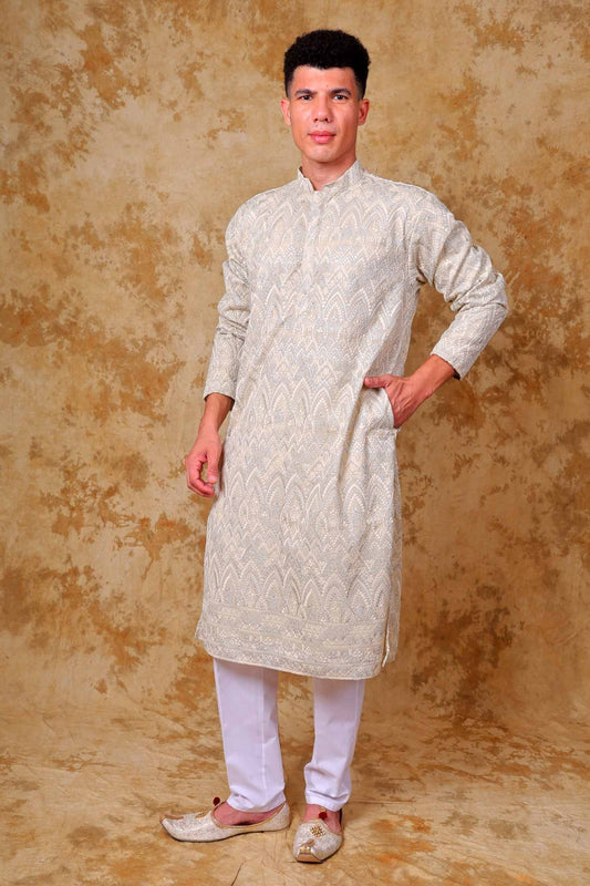 Bluesaanchi Zari Work Ivory Kurta with Trouser Pajama - Veshbhoshaa