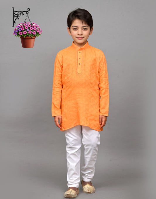 Orange Self-Design Embroidered Kurta Set – Bold & Stylish for Your Little One