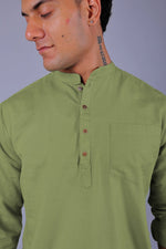 Bluebird Men's Short Kurta in Light Mehendi- 100% Pure Cotton