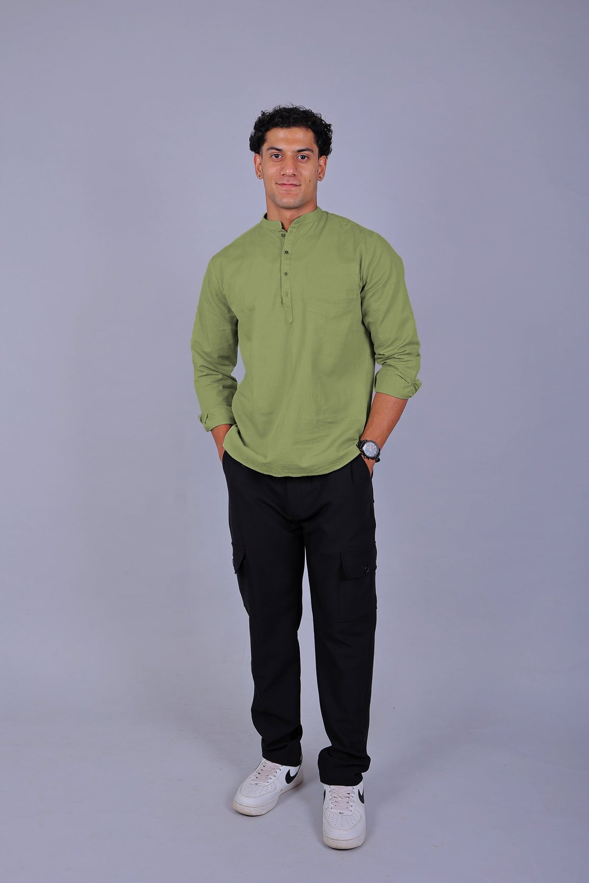 Bluebird Men's Short Kurta in Light Mehendi- 100% Pure Cotton