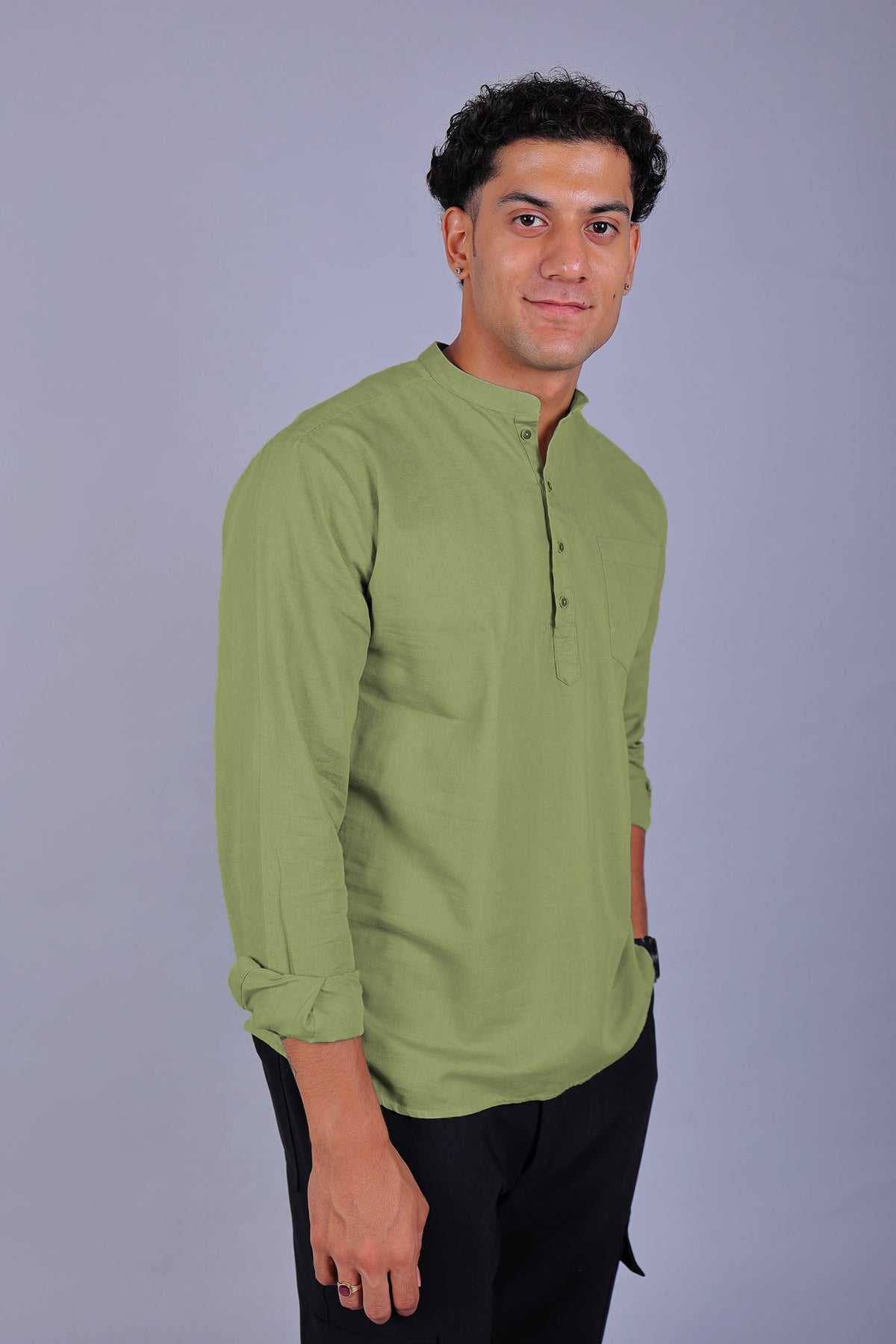 Bluebird Men's Short Kurta in Light Mehendi- 100% Pure Cotton