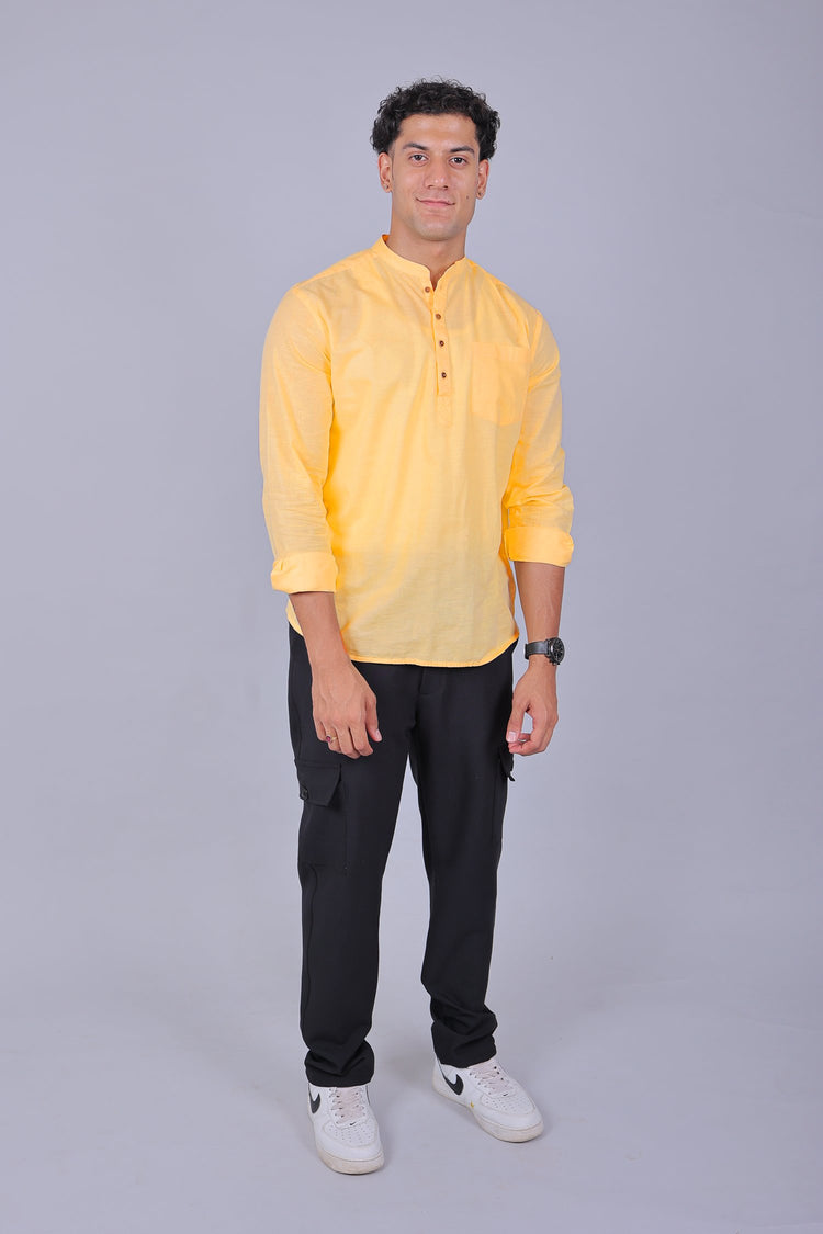 Bluebird Men's Short Kurta in Yellow - 100% Pure Cotton