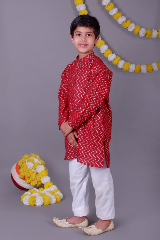 Red Bold Zari Kurta Set – Trendy Vibes for Your Little One - Veshbhoshaa