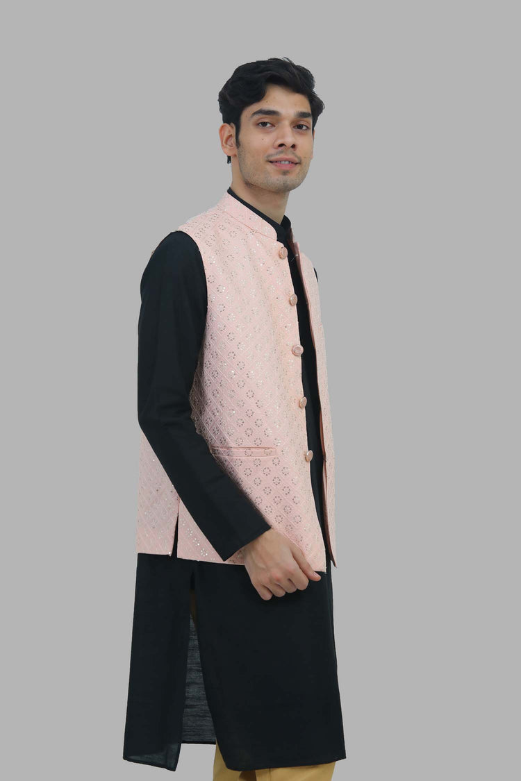 Men Light Pink Sequence  Cotton  bandi - Veshbhoshaa