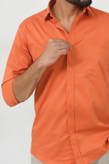 Men Orange Poly Cotton Shirt - Veshbhoshaa