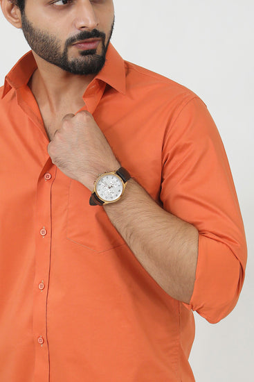 Men Orange Poly Cotton Shirt - Veshbhoshaa