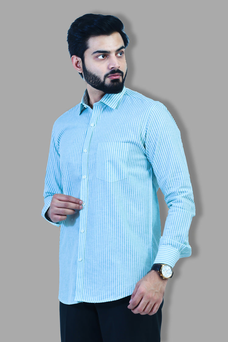 Veshbhoshaa's BLUEBIRD Striped Green And White Formal Shirt's For Men's