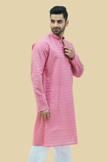 Men Baby Pink  Murli  chikan Kurta Set - Veshbhoshaa