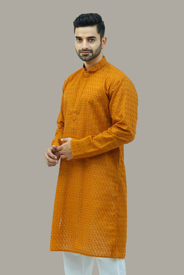 BLUESAANCHI Men's Mustard Murli Chikan Work Kurta Set / Kurta Set For Men's