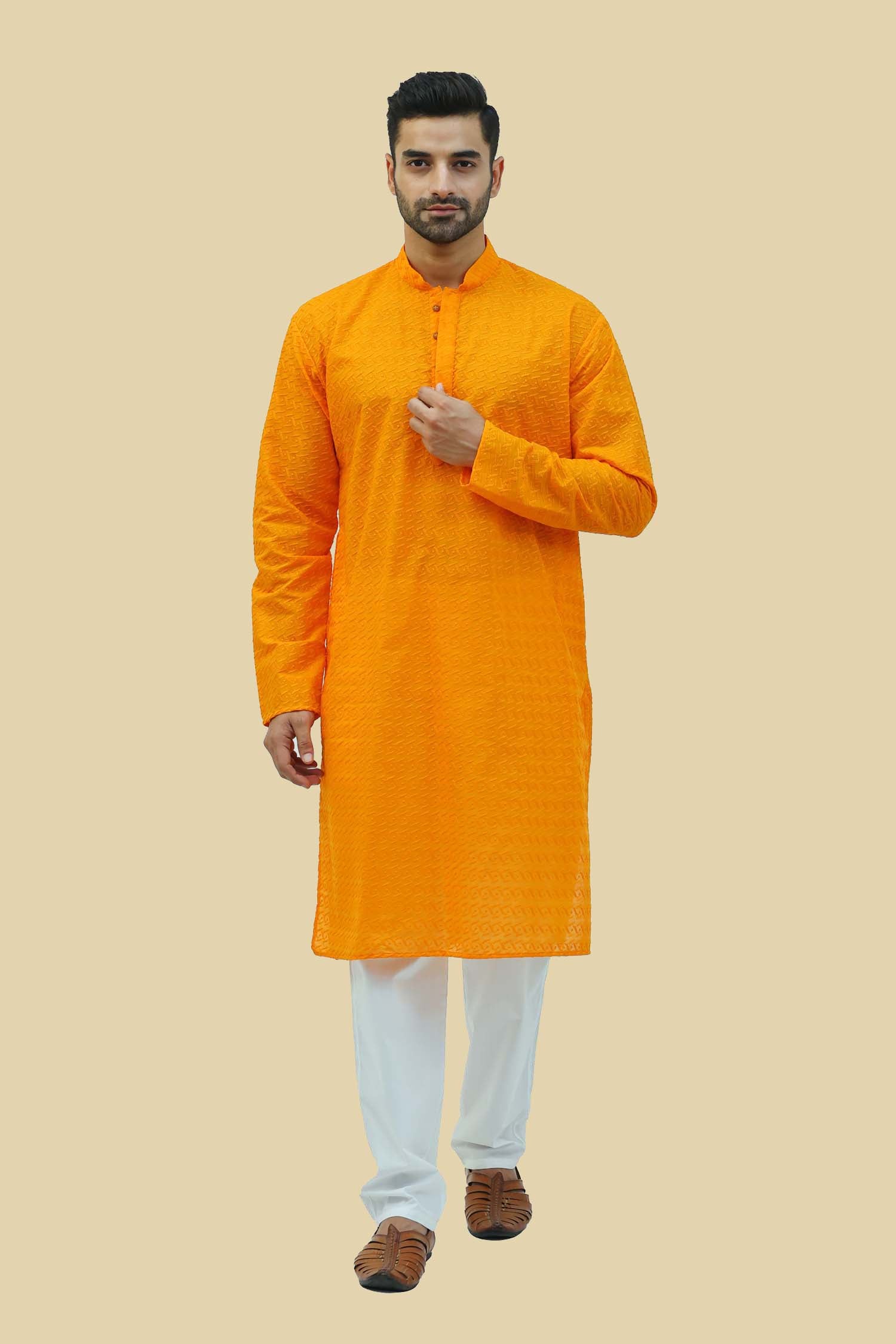 Men Light Orange  Murli Chikan Kurta Set - Veshbhoshaa