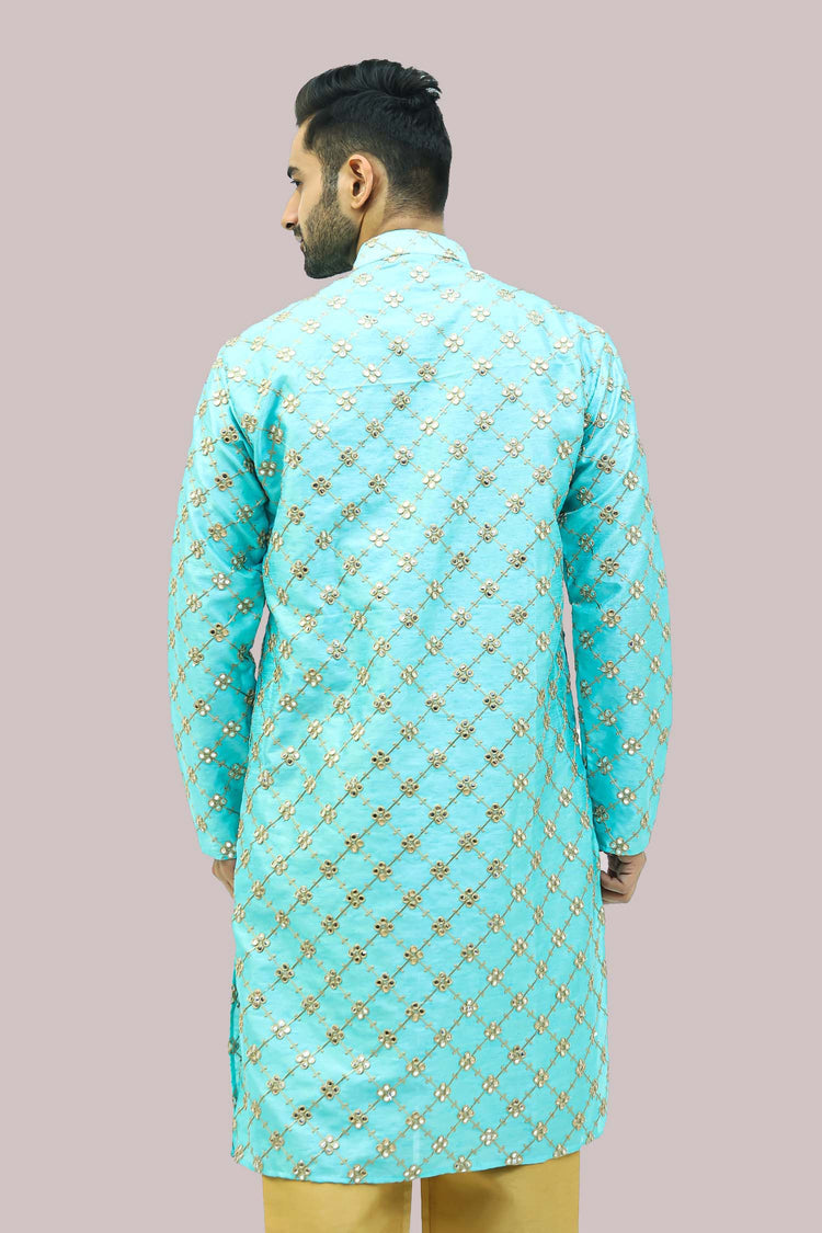 SkyBlue Dupion silk Kurta set - Veshbhoshaa BLUESAANCHI Men's Mirror Work Embroidery Kurta Set For Men's / BUY Mens Ethnic Party Wear SkyBlue Kurta set