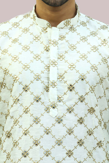 White Dupion silk Kurta set - Veshbhoshaa BLUESAANCHI Men's Mirror Work Embroidery Kurta Set For Men's / BUY Mens Ethnic Party Wear White Kurta set