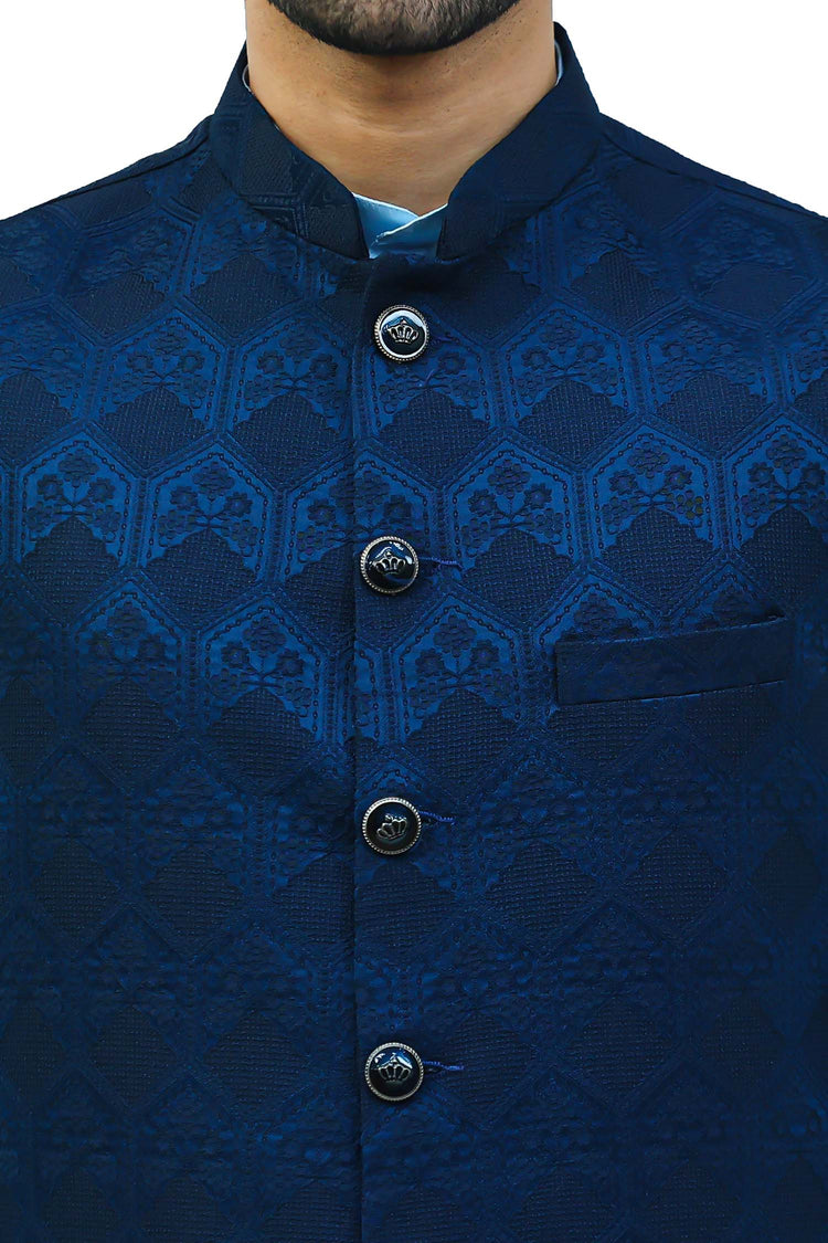 Men Blue Jacquard Waistcoat/ BlueSaanchi/ Blue Waistcoat For Men